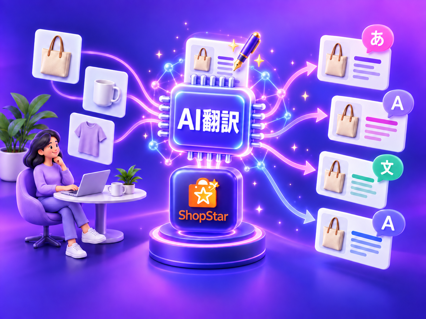 AIチップと多言語のモチーフで、商品文章のAI生成と翻訳を表現したイラスト