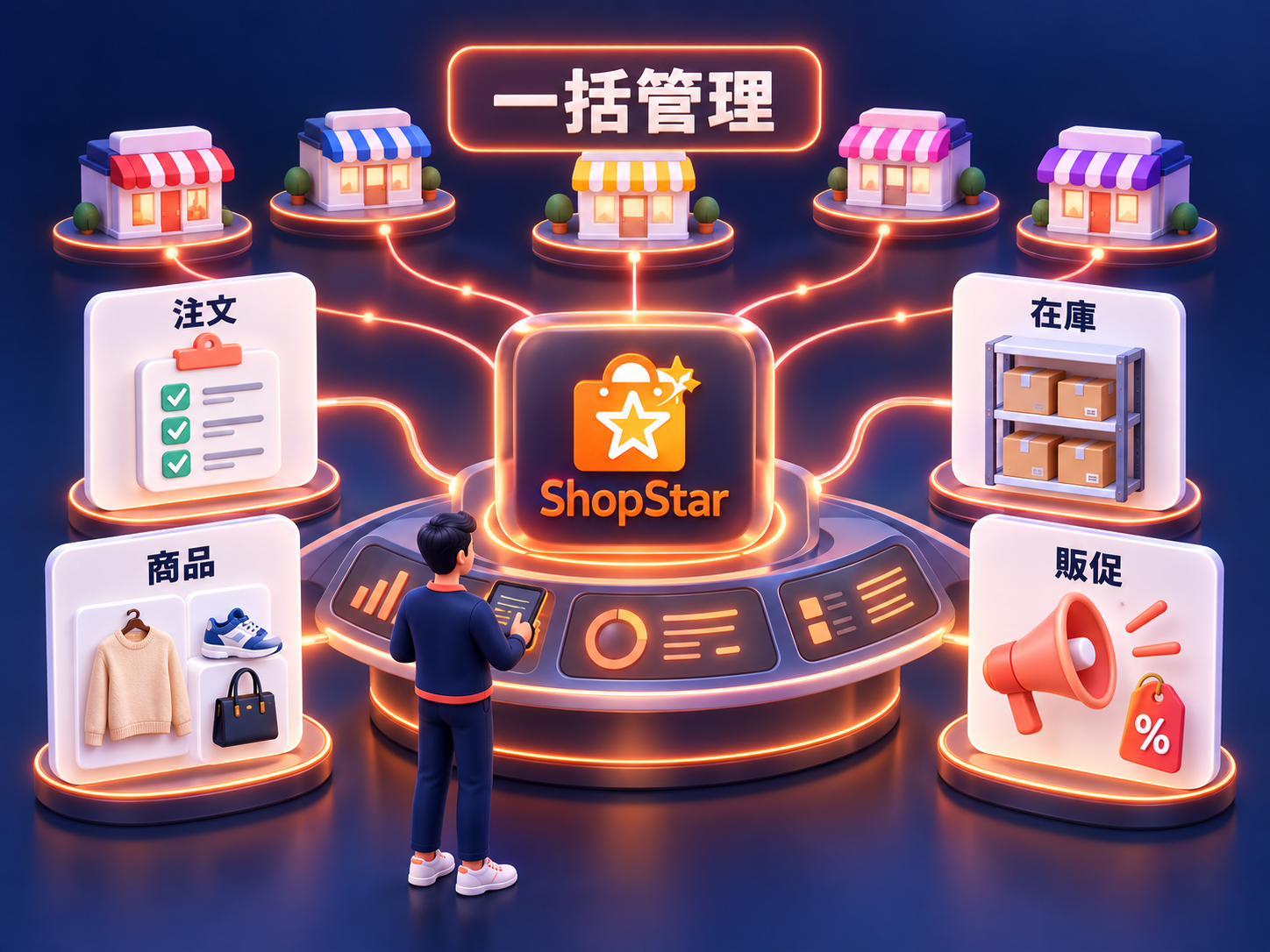 中央のShopStar司令塔が各店舗と注文・商品・在庫・販促のパネルをつなぎ、一括管理を表現したネイビーとコーラルの立体イラスト